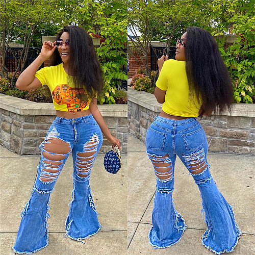 Autumn Hot Style Personality Ripped Denim Bell Bottoms LSL-6376
