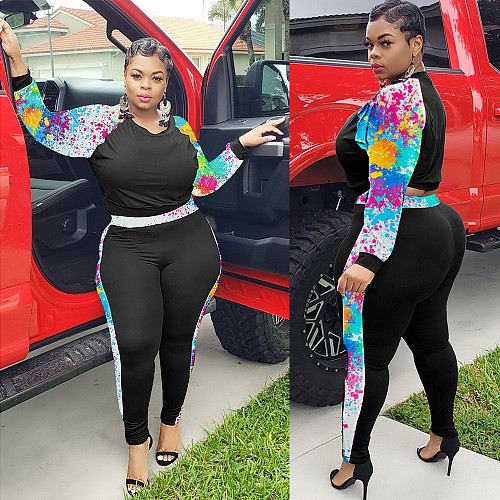 Fashion Graffiti Painted Mosaic Long Sleeve Pants Two-piece Set SH-3872