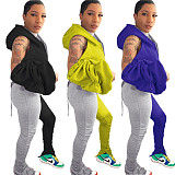 Contrast Color Puff Sleeve Backless Hoodie Pleated Split Pants Suit HMS-5369