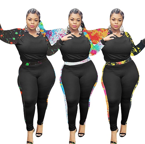 Fashion Graffiti Painted Mosaic Long Sleeve Pants Two-piece Set SH-3872