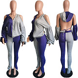 Contrast Color Puff Sleeve Backless Hoodie Pleated Split Pants Suit HMS-5369