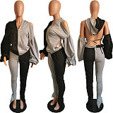 Contrast Color Puff Sleeve Backless Hoodie Pleated Split Pants Suit HMS-5369