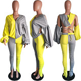 Contrast Color Puff Sleeve Backless Hoodie Pleated Split Pants Suit HMS-5369
