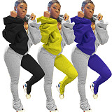 Contrast Color Puff Sleeve Backless Hoodie Pleated Split Pants Suit HMS-5369