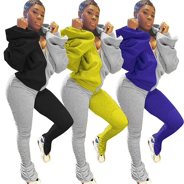 Contrast Color Puff Sleeve Backless Hoodie Pleated Split Pants Suit HMS-5369