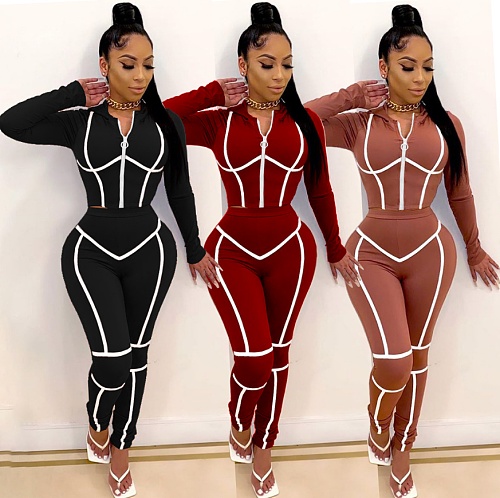 Leisure Line Splicing Hooded Zipper Jacket Sweatpants Suit MEI-9110