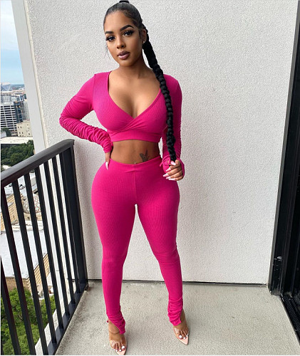 Long Sleeves Low Neckline Crop Top Pleated Small-legged Pants Set ME-678