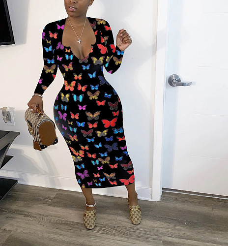 Autumn Butterfly Print V Neck Long Sleeves Slim Dress WSM-5194