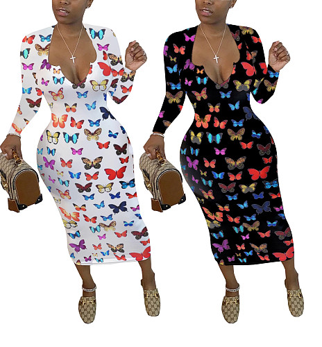 Autumn Butterfly Print V Neck Long Sleeves Slim Dress WSM-5194