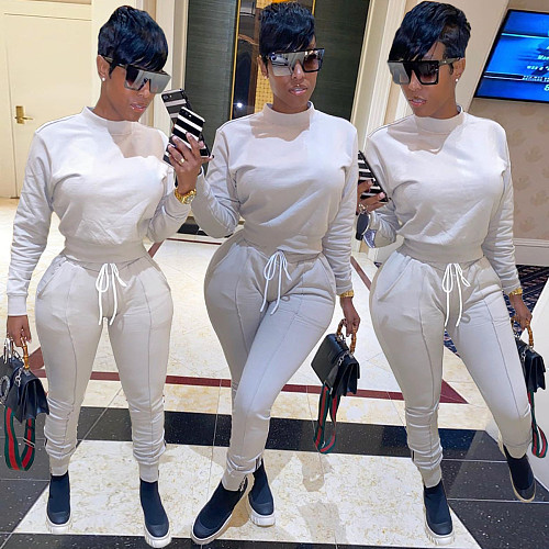 Stylish Solid-color Long Sleeve T-shirt Two-piece Sweatpants Set WA-7078