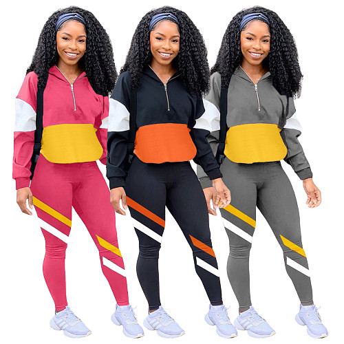 Fashion Color Spliced Hoodie Sport Pants Two-piece Set LM-8189