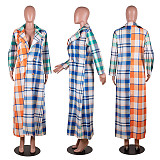 Women Plaid Splicing Suit Collar Long Coat Cardigans GLS-8031