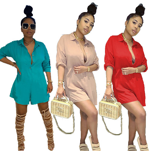 Sexy Solid Color Long Sleeve High Waist Loose Shirt Romper ABL-6609