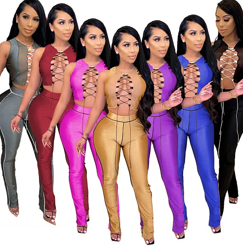 Gauze Patchwork Lace Up Top High Waist Split Pants Set LA-3222