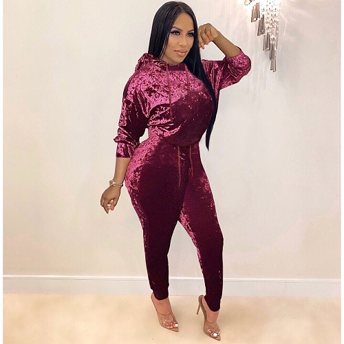 Velvety Plush Long Sleeve Hood Straight Leg Pants Two-piece Set QZX-6160
