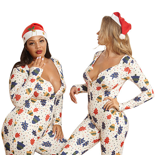 Sexy Tight Knit Print Christmas Home Wear Jumpsuit OSS-20884