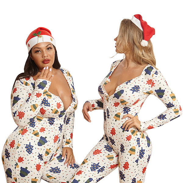 Sexy Tight Knit Print Christmas Home Wear Jumpsuit OSS-20884
