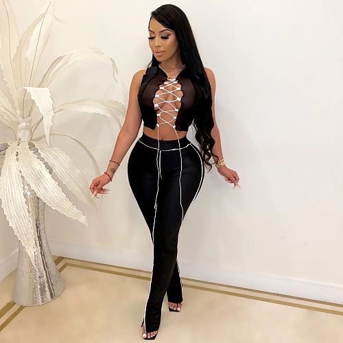 Gauze Patchwork Lace Up Top High Waist Split Pants Set LA-3222