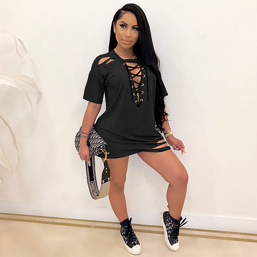 Sexy Lace-up Torn Short Sleeves Loose Fitting Dress SHE-7214