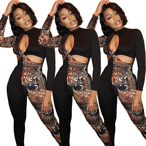 Sexy Hollow-out Leopard Print Asymmetric Patchwork Jumpsuit ASL-6297