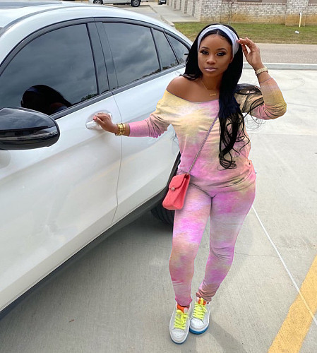 Women's Tie-dyed Long Sleeve T-shirt Legging 2 Piece Suit WA-7081