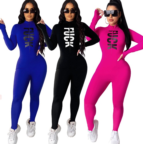 Letter Printed Long Sleeve Mid-waist Tight Lift Hip Jumpsuit FNN-8533