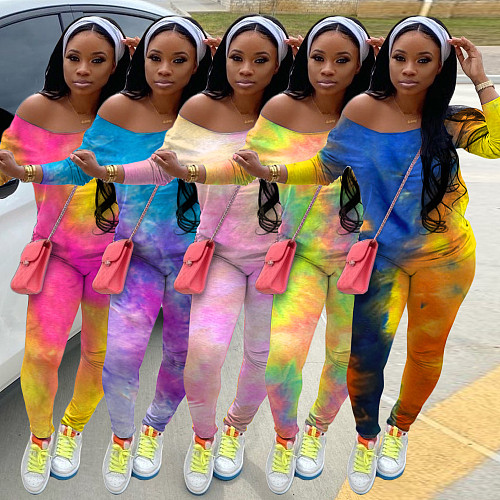 Women's Tie-dyed Long Sleeve T-shirt Legging 2 Piece Suit WA-7081
