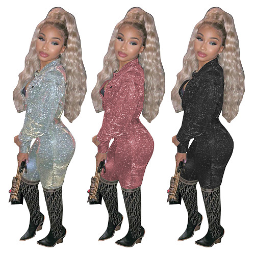 Fashion Shiny Material Jacket Slim Pants Two-piece Set MOF-5186