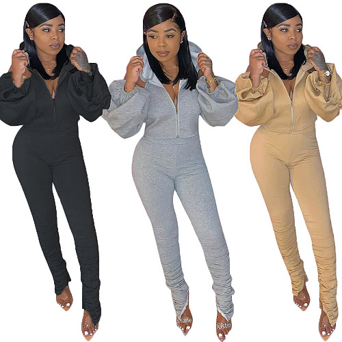 Puffed Sleeves Backless Zipper Hoodies Skinny Pants Set CM-781