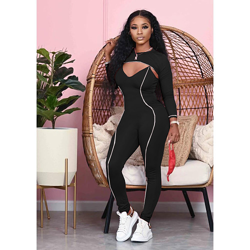 Solid Color Line Splice Halter Jumpsuit+Mini Shawl 2 Pieces ARM-8229