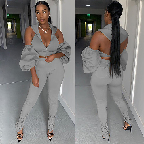 Puffed Sleeves Backless Zipper Hoodies Skinny Pants Set CM-781
