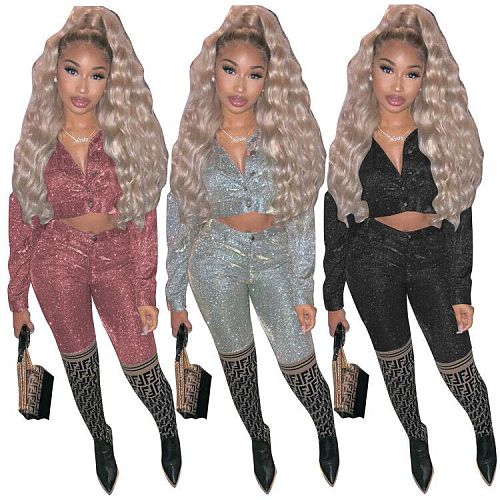 Fashion Shiny Material Jacket Slim Pants Two-piece Set MOF-5186