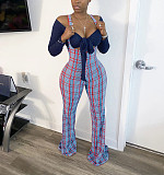 Sexy Slim Long Sleeve Crop Top+Plaid Strap Trousers Set FSX-188