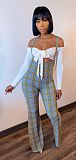 Sexy Slim Long Sleeve Crop Top+Plaid Strap Trousers Set FSX-188
