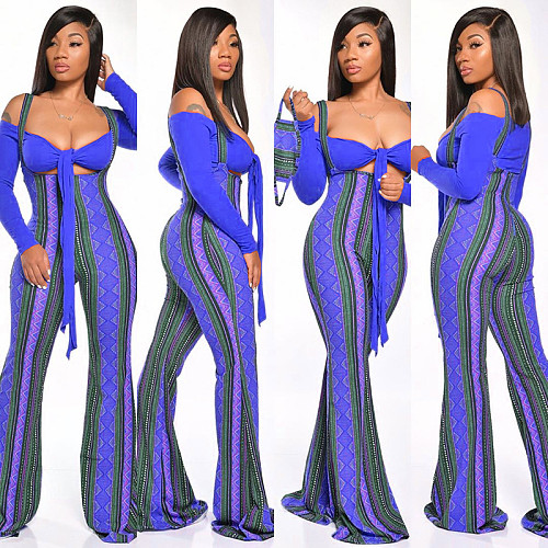Long Sleeve Crop Top High Waisted Suspenders Flared Trouser Set GLS-8040