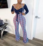 Sexy Slim Long Sleeve Crop Top+Plaid Strap Trousers Set FSX-188