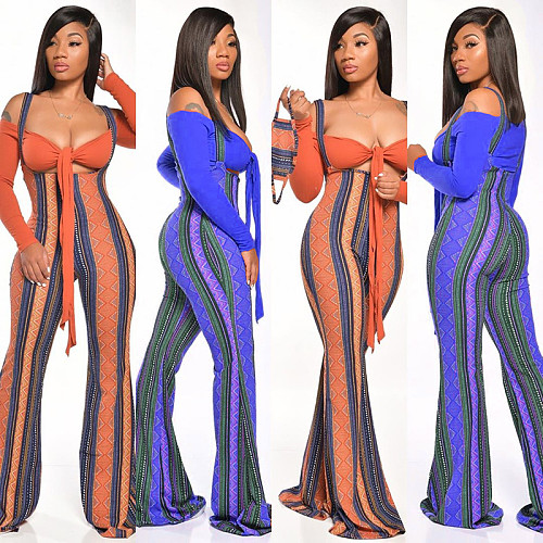 Long Sleeve Crop Top High Waisted Suspenders Flared Trouser Set GLS-8040