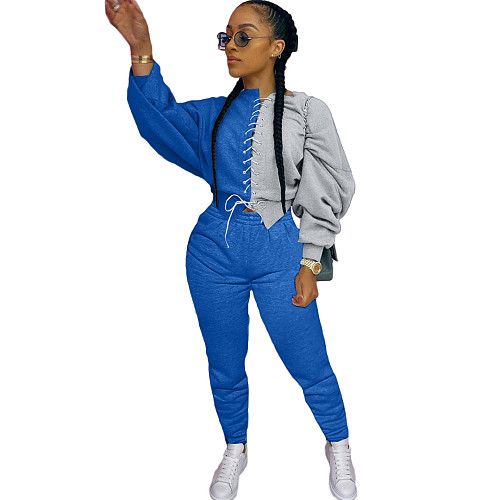 Splicing Color Band Bat Sleeve Blouse Casual Pants Suit MN-9272