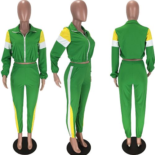 Autumn Contrast Color Mosaic Zipper Jacket Casual Pants Set LM-8127