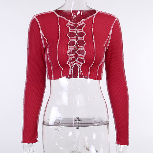 Contrast Line Front Hollowed-out Lace Up Long Sleeve Blouse FL-20417