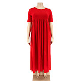 Solid Color Round Neck Short Sleeve Pleated Plus-size Dress OSS-20768