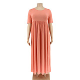 Solid Color Round Neck Short Sleeve Pleated Plus-size Dress OSS-20768