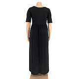 Solid Color Round Neck Short Sleeve Pleated Plus-size Dress OSS-20768