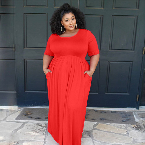 Solid Color Round Neck Short Sleeve Pleated Plus-size Dress OSS-20768