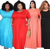 Solid Color Round Neck Short Sleeve Pleated Plus-size Dress OSS-20768