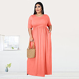 Solid Color Round Neck Short Sleeve Pleated Plus-size Dress OSS-20768