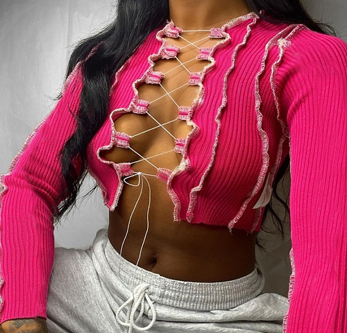 Contrast Line Front Hollowed-out Lace Up Long Sleeve Blouse FL-20417