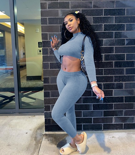 Fall Ribbed Long-sleeved Belly-button Tops Leggings Suit NIK-182