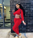 Fall Ribbed Long-sleeved Belly-button Tops Leggings Suit NIK-182