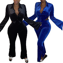 Velvet Backless Button-up Top Split Pants Two-piece Set XY-9056